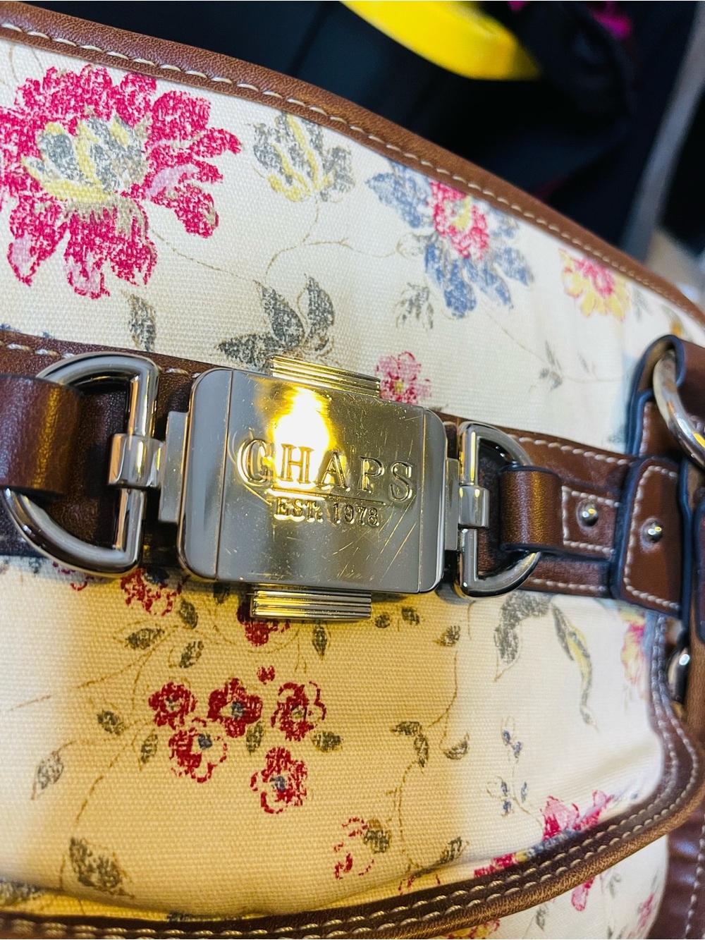 CHAPS | Cream Floral Shoulder Bag with Brown Leather Trim - Picture 12 of 16